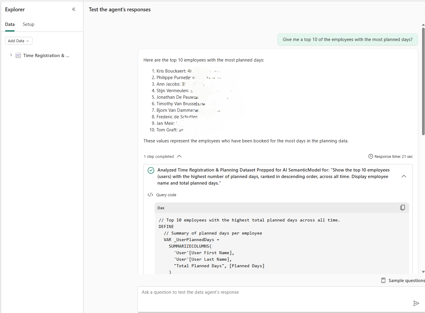 Figure 5 “Give me a top 10 of the employees with the most planned days” on a semantic-based Fabric Agent