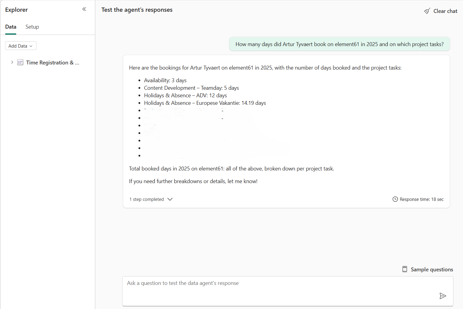 Figure 7 “How many days did Artur Tyvaert book on element61 in 2025 and on which project tasks” on a semantic-based Fabric Agent